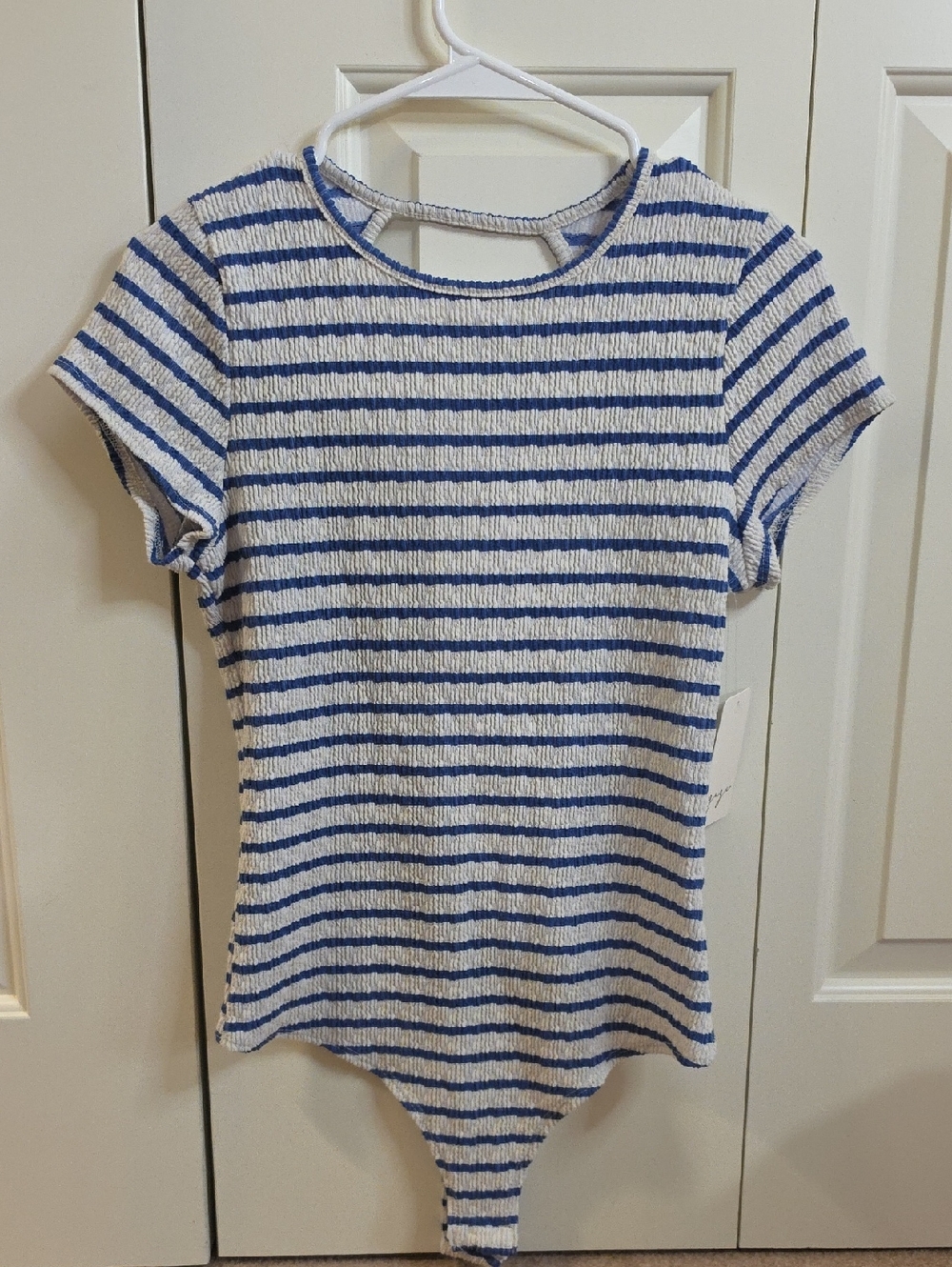 gaze Blue & White Striped Short Sleeve Ribbed Bodysuit with Keyhole Back